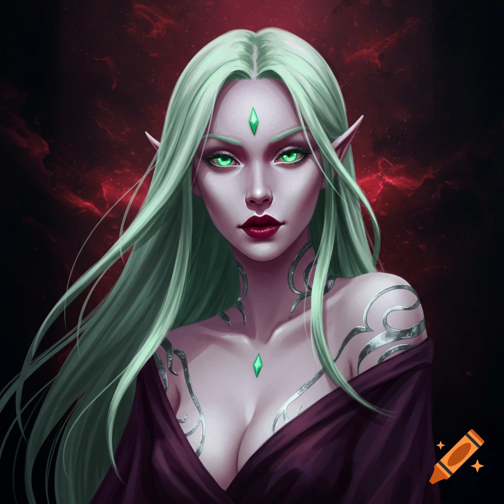 A fantasy woman with pale green hair, white skin, green eyes, pointed ears, and silver tribal markings.