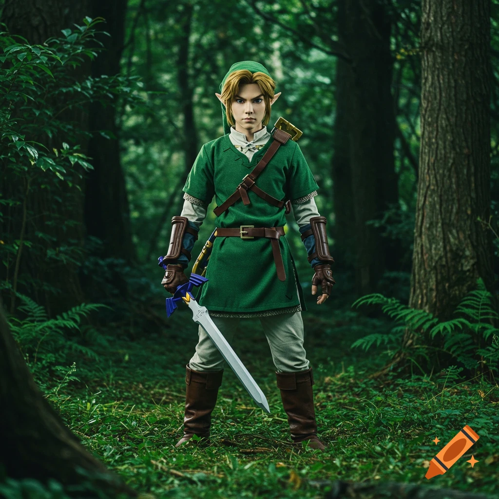 A realistic depiction of Link from Zelda standing in a forest holding the Master Sword.