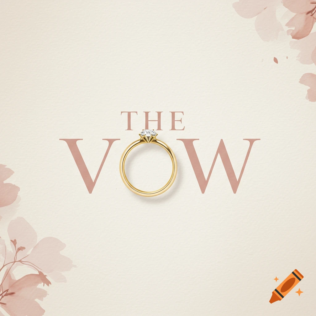 Word art for 'The Vow' with a gold wedding ring replacing the 'O', on a light background with pink floral accents.