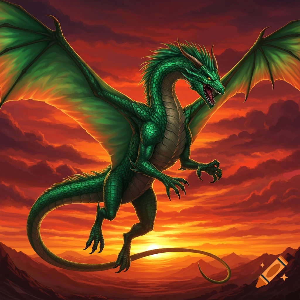 A green dragon flies against a dramatic orange sunset sky over mountains.