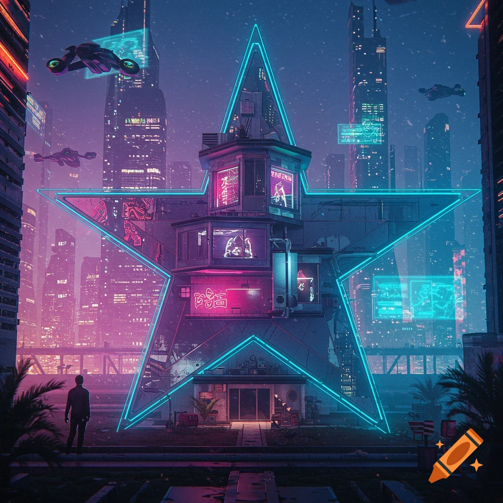 A person is looking at a large, neon-outlined star-shaped building in a futuristic city with flying vehicles.