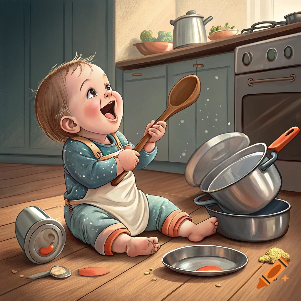 Drawing of a cheerful baby on the kitchen floor playing with pots and a spoon.