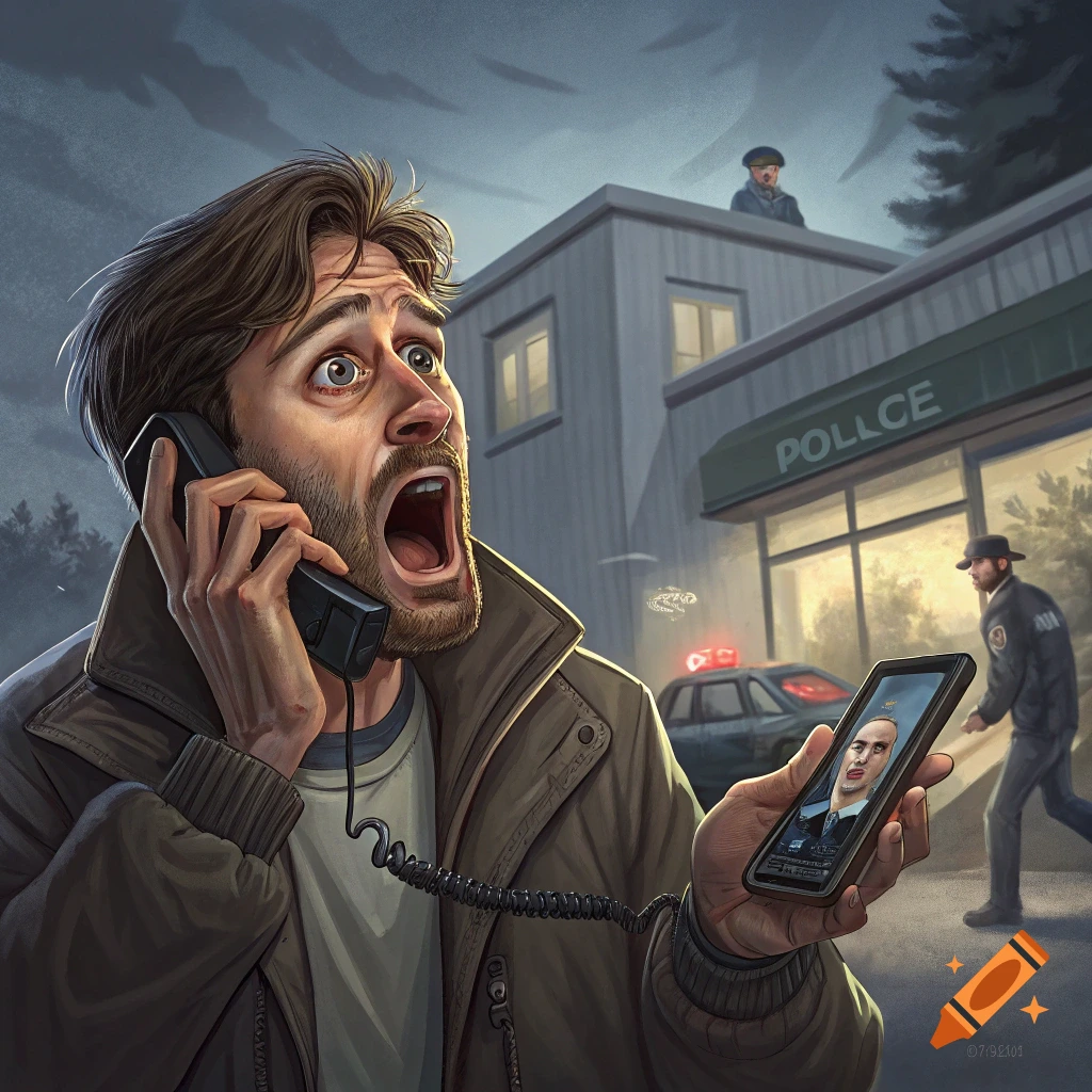 A man looks shocked while holding a phone to his ear, a police station is in the background.