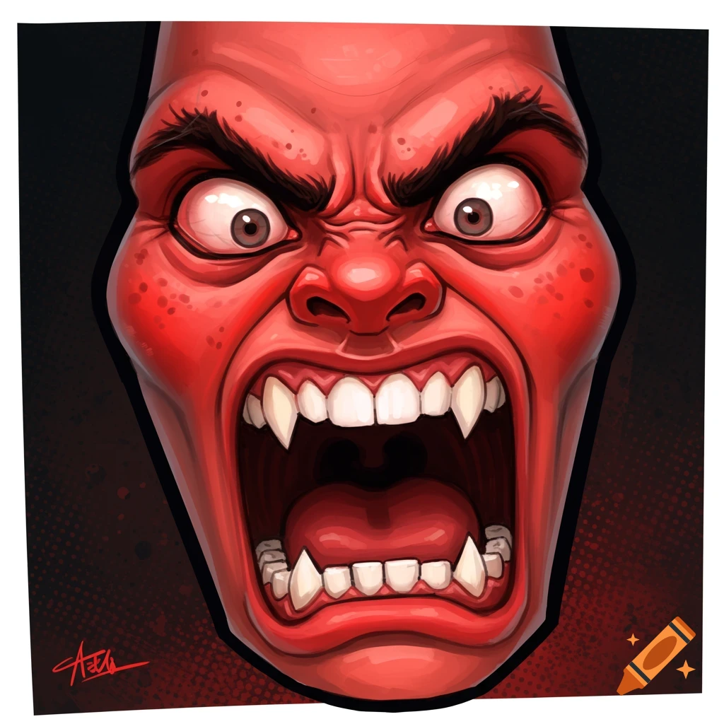 A furious red face with fangs screaming.