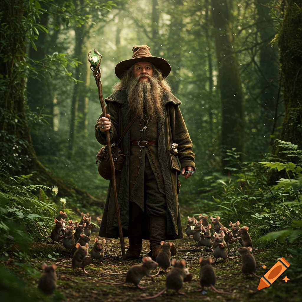 A wizard-like figure in a forest holds a staff and is surrounded by many mice.