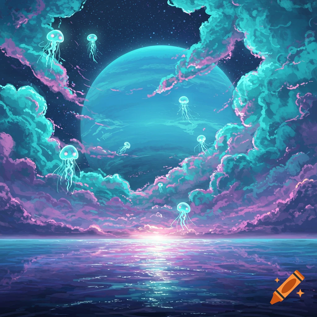 A blue planet over a shimmering sea, surrounded by vibrant pink and blue clouds with glowing jellyfish floating in the sky.