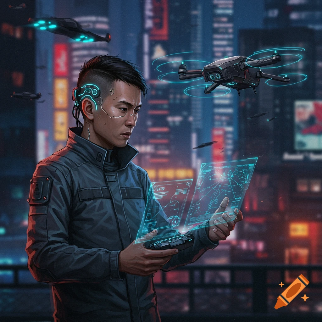 A man in a cyberpunk city using holographic screens to control a drone.