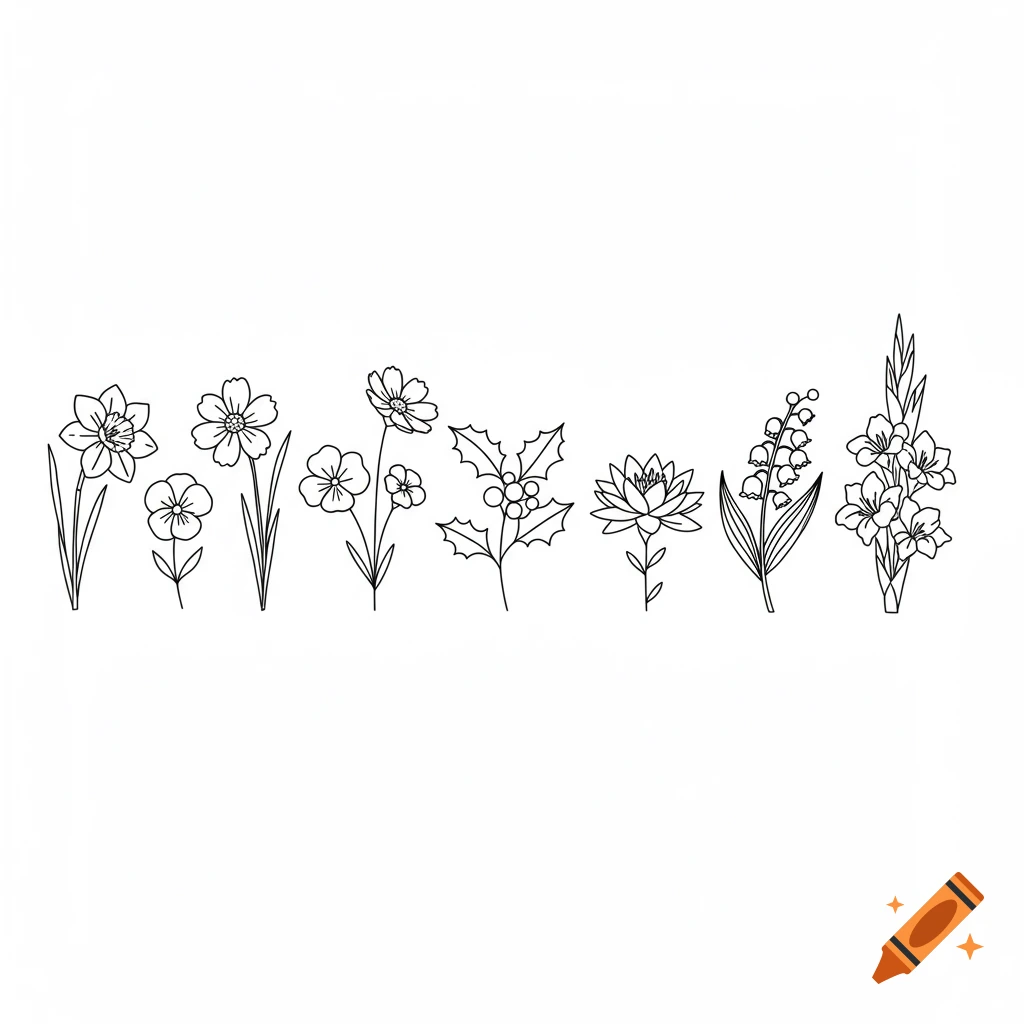 A horizontal line drawing of various flowers in a row, including a daffodil, cosmos, holly, water lily, lily of the valley, and gladiolus.