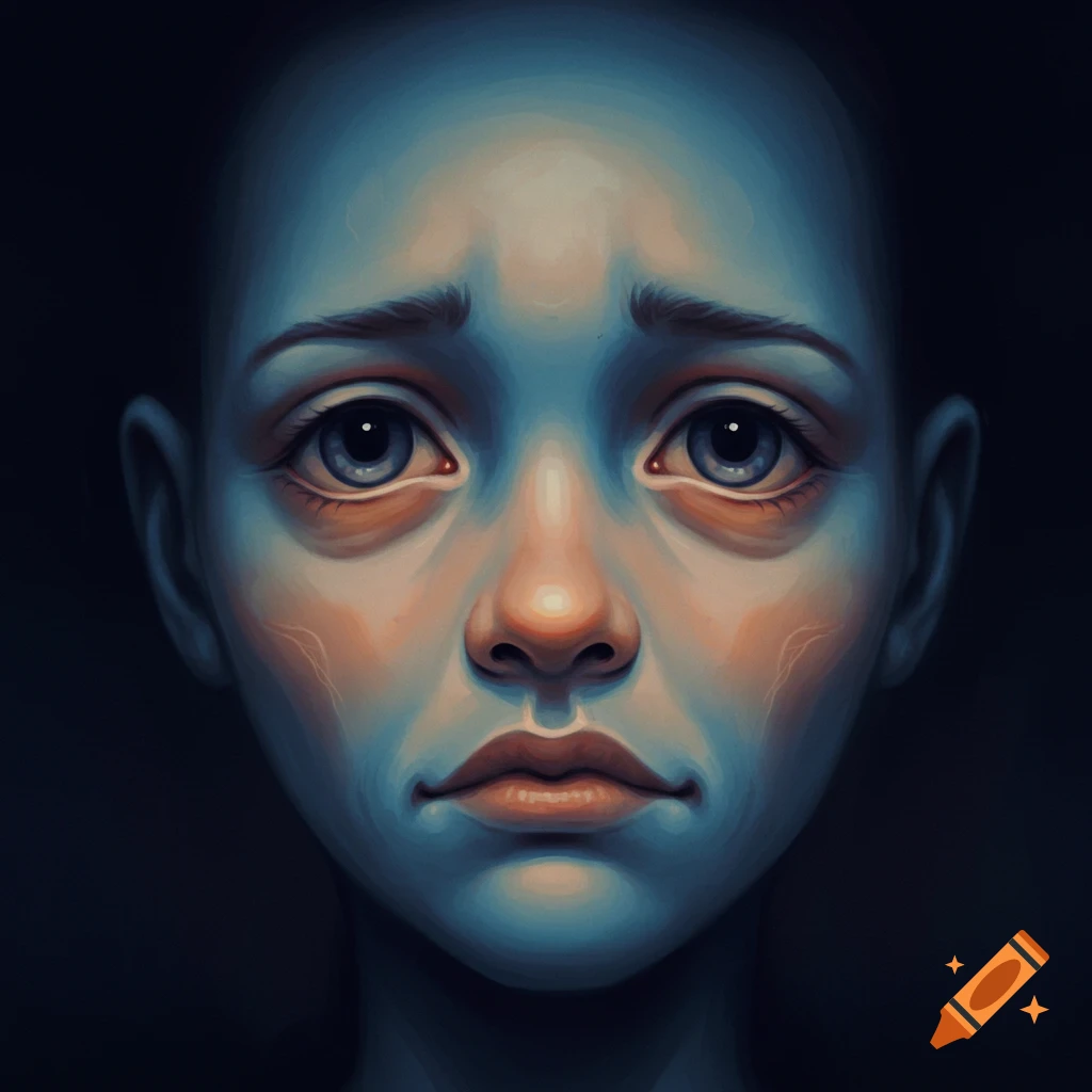 Close-up of a face with blue skin tones showing a mix of sad and happy expression.