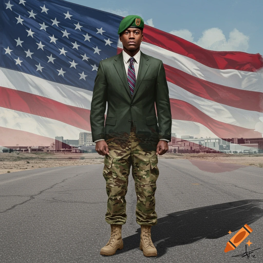 A man stands before an American flag, wearing a green beret, suit jacket, and camo pants.