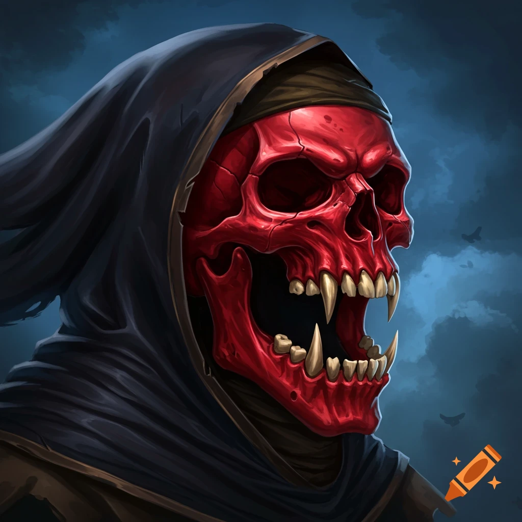 Red skull figure in a dark hooded robe against a stormy sky.