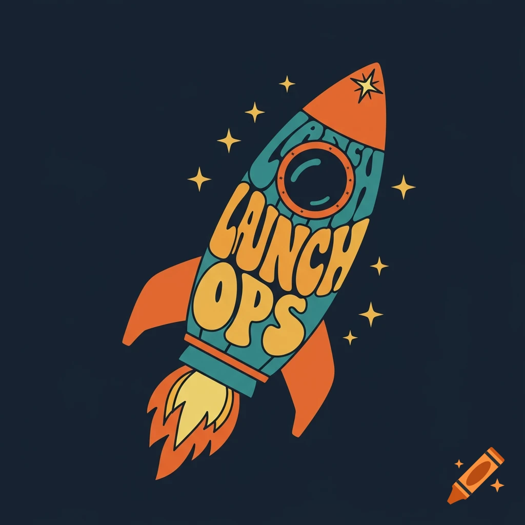 Retro space graphic of a rocket formed by the words LAUNCH OPS with stars
