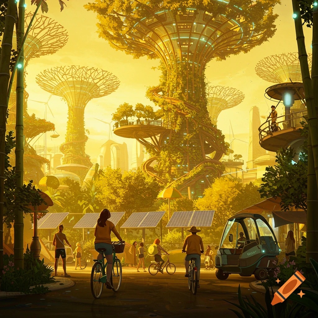 A vibrant solarpunk city park is bustling with activity. Towering tree-like structures dominate the landscape. People are biking along paths, and solar panels are integrated into the design. A sleek, futuristic vehicle can be seen in the distance.