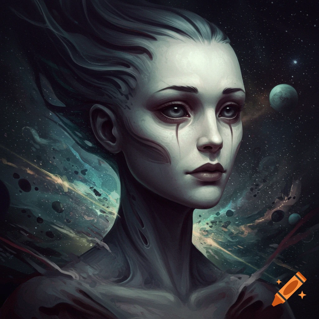 A pale figure with dark markings against a swirling space background with planets.