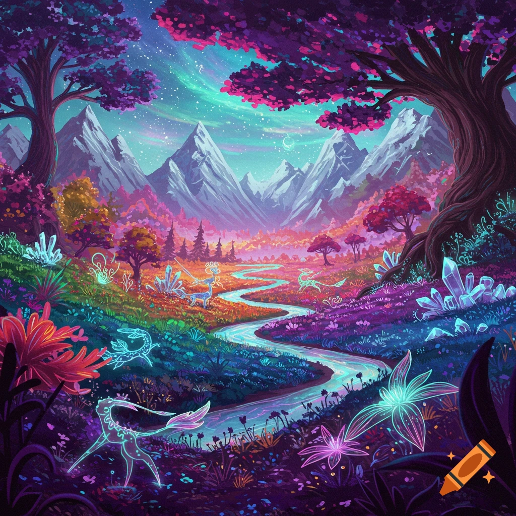Vibrant fantasy landscape with mountains, a glowing river, crystals, luminous plants, and glowing deer-like creatures under a starry sky.