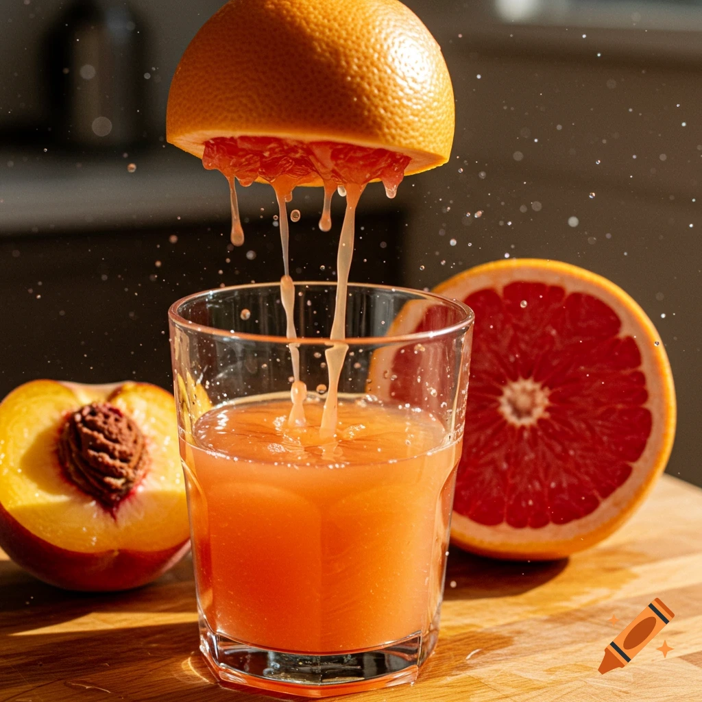 A grapefruit half is squeezed, dripping juice into a glass next to another grapefruit half and a halved peach.
