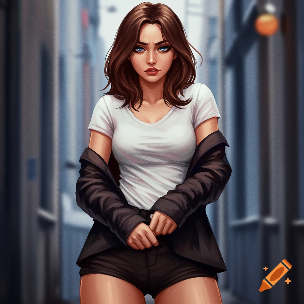 A woman in a white shirt and black shorts stands in an alley.
