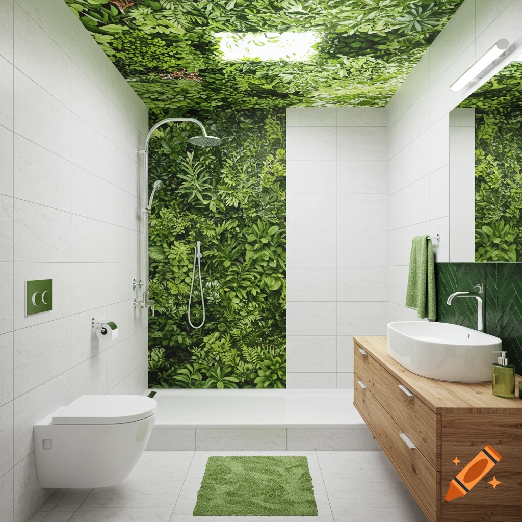 A modern bathroom with white tiles, wooden vanity, and lush green plants covering a wall and the shower ceiling.