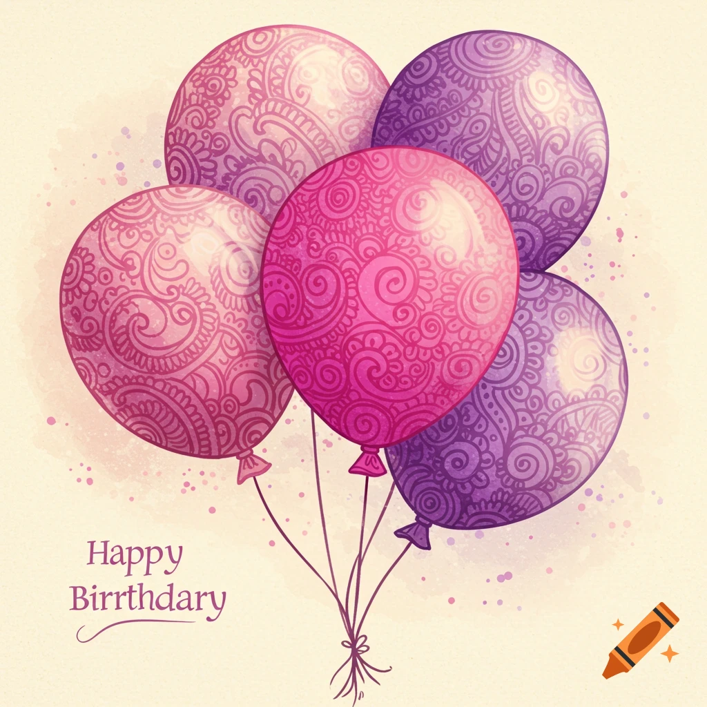 Five pink and purple balloons with henna-style patterns float with text 'Happy Birrthdary'.
