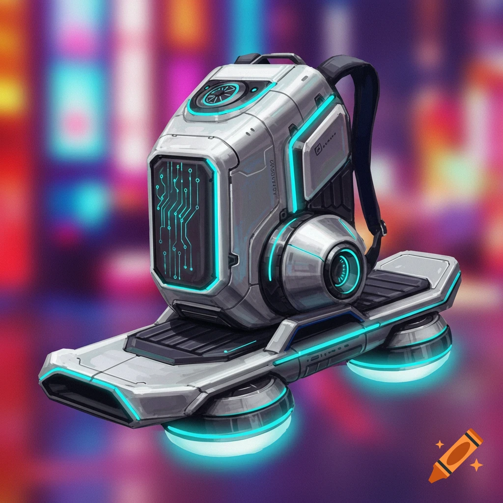 A futuristic silver backpack sits on a hoverboard with glowing blue accents