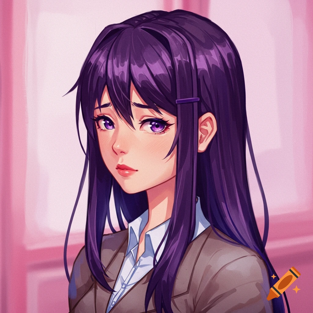 Anime girl with long purple hair looking sad.