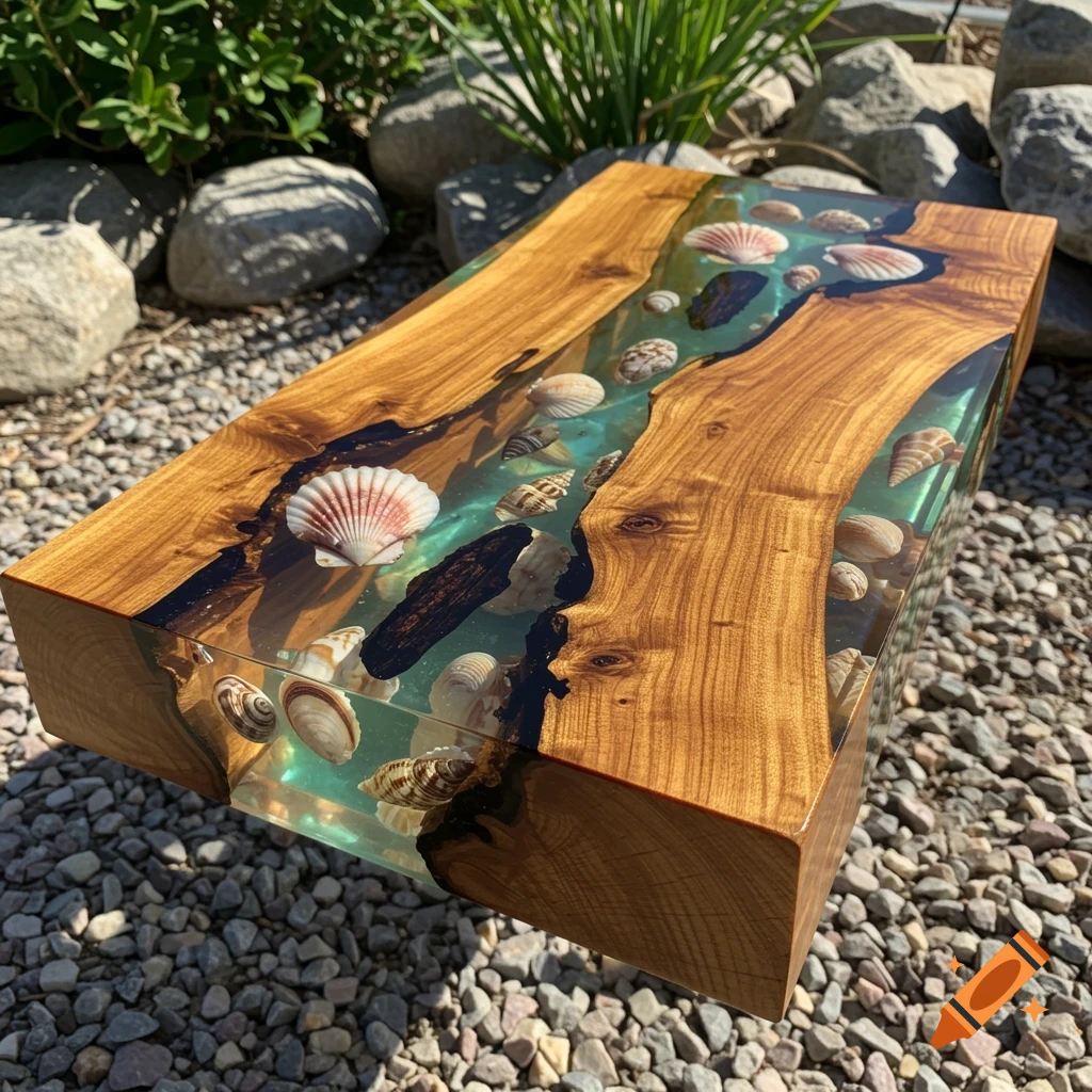 Epoxy resin table with embedded seashells and wood accents outdoors