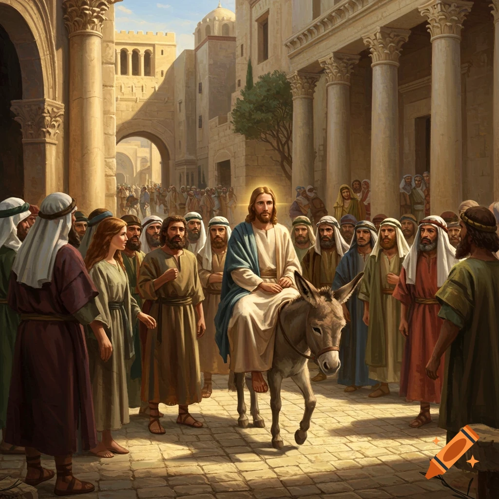 Jesus riding a donkey into a crowded city street filled with people and ancient buildings.
