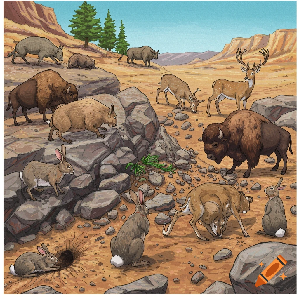 Various animals like bison, deer, and rabbits interacting with rocks and earth in a desert landscape