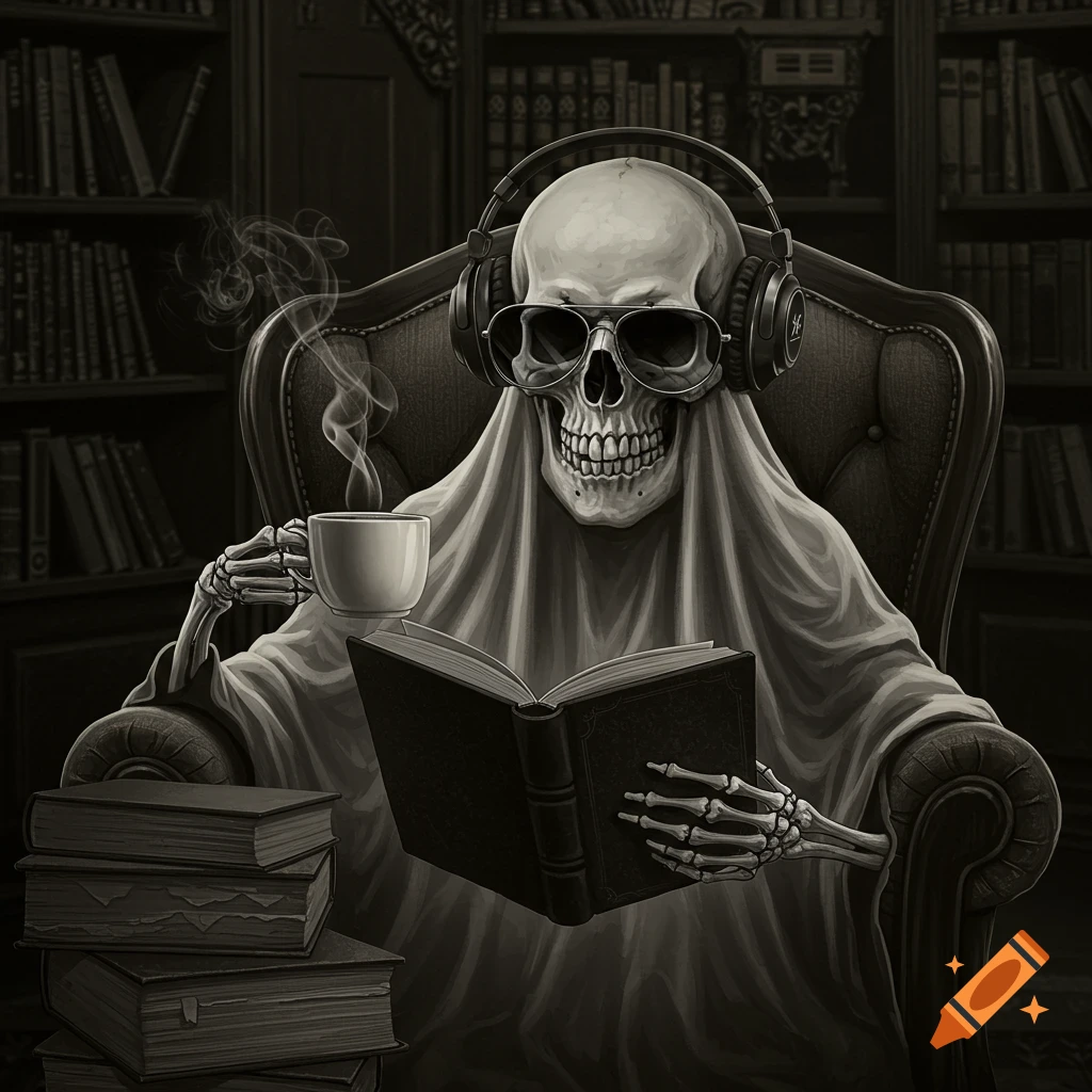 Black and white skeleton ghost in armchair reading book with coffee and headphones in library