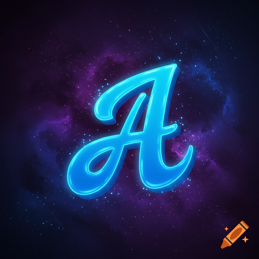 Glowing blue letter A on a starry purple and blue space background.