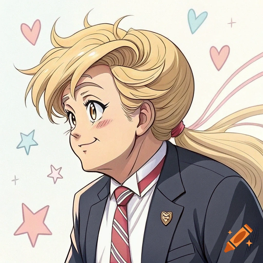 Anime portrait of a smiling person in a suit with blonde hair, surrounded by hearts and stars.