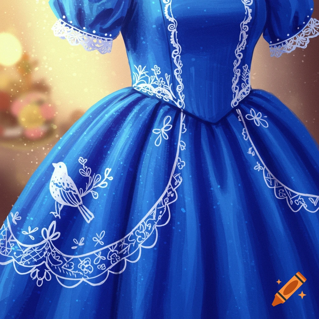 A royal blue dress with white lace and bird embroidery.