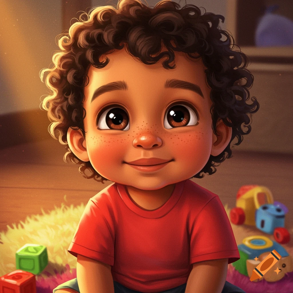 A digital illustration of a cute toddler boy with curly hair and freckles sitting on a rug with toys.