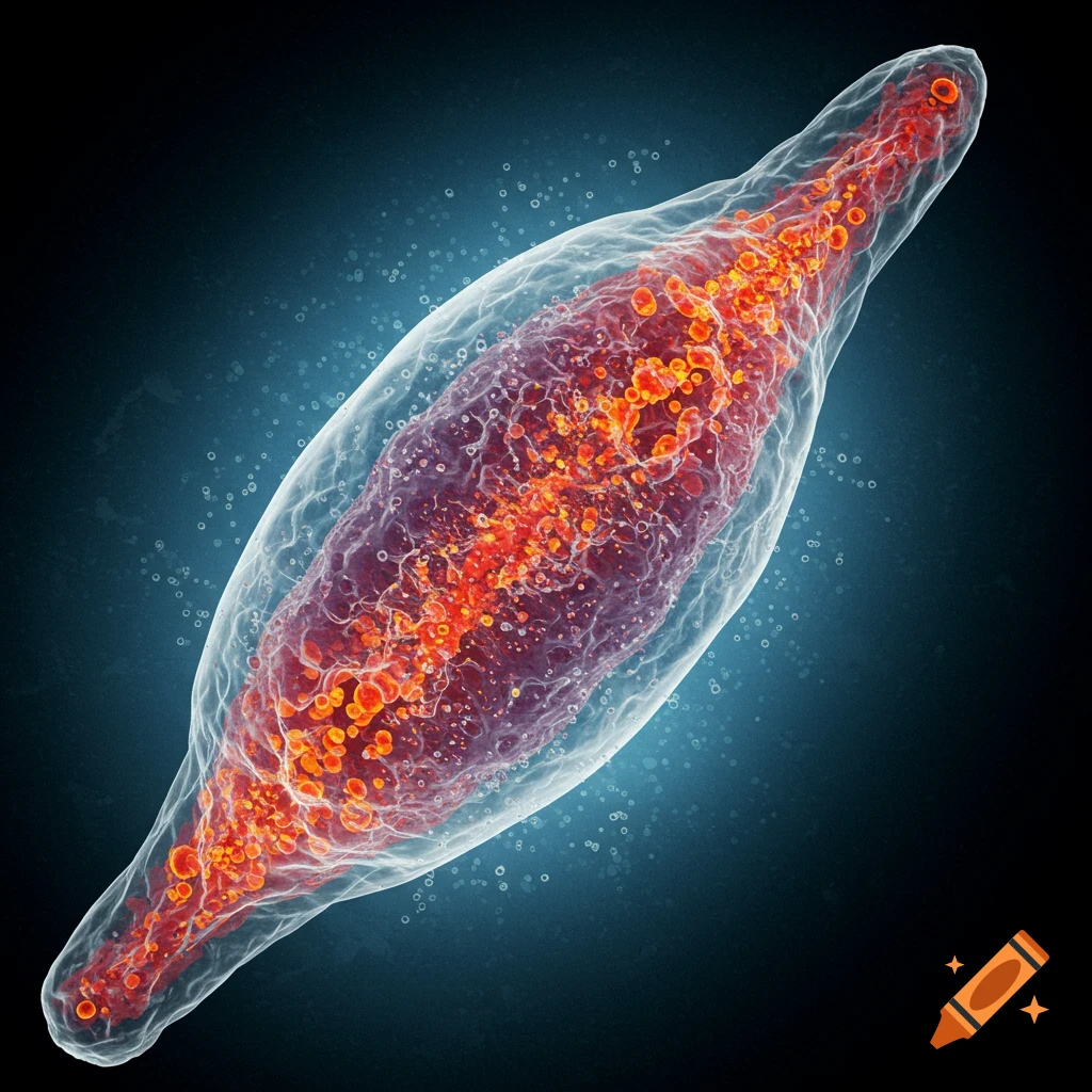 Illustration of an elongated translucent cell with glowing internal particles.