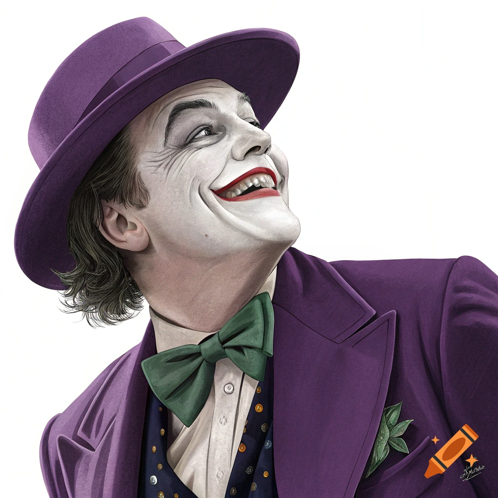 An illustration of Jack Nicholson's Joker in a purple suit and hat, looking up and smiling.