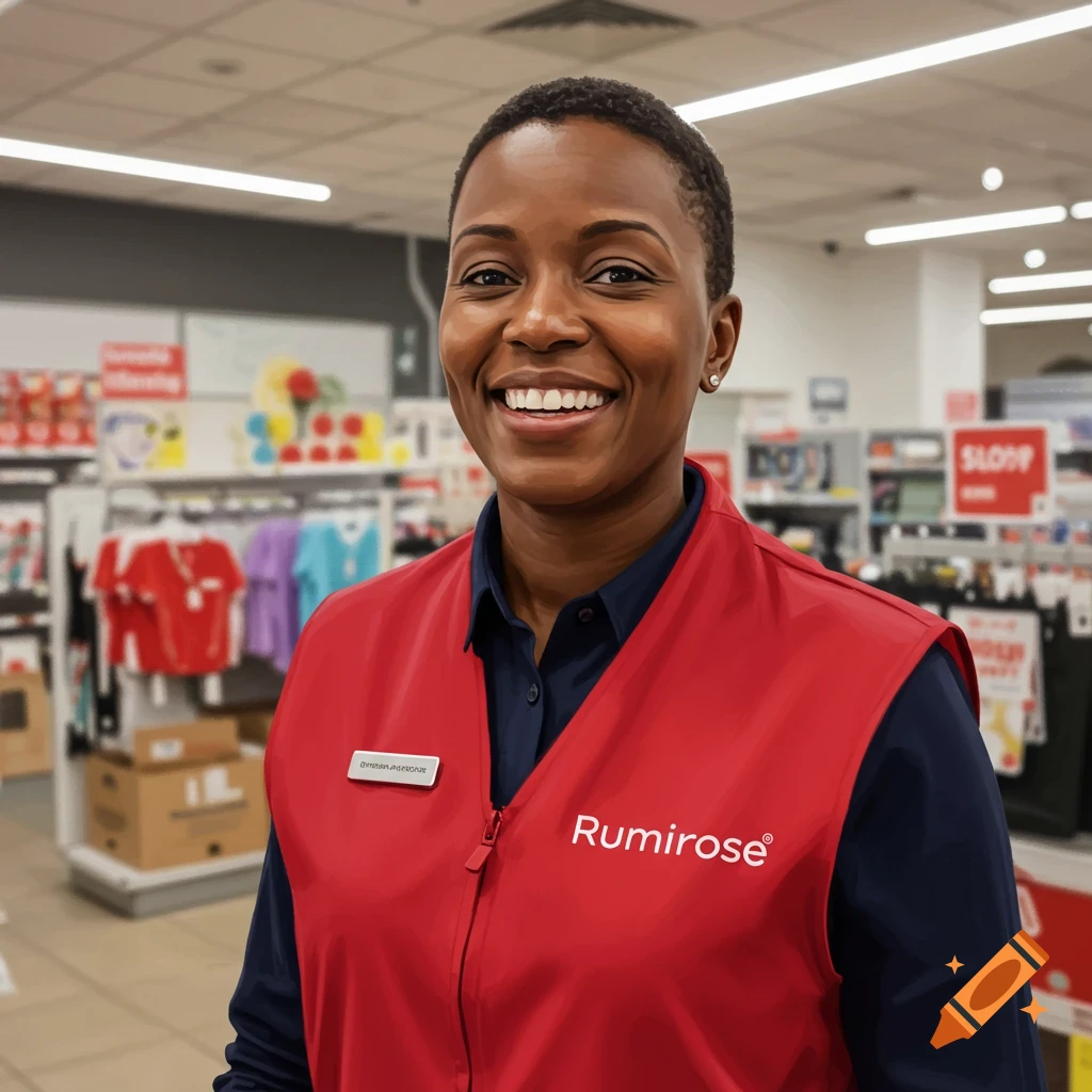 A smiling retail employee in a red vest with a logo, standing in a store.