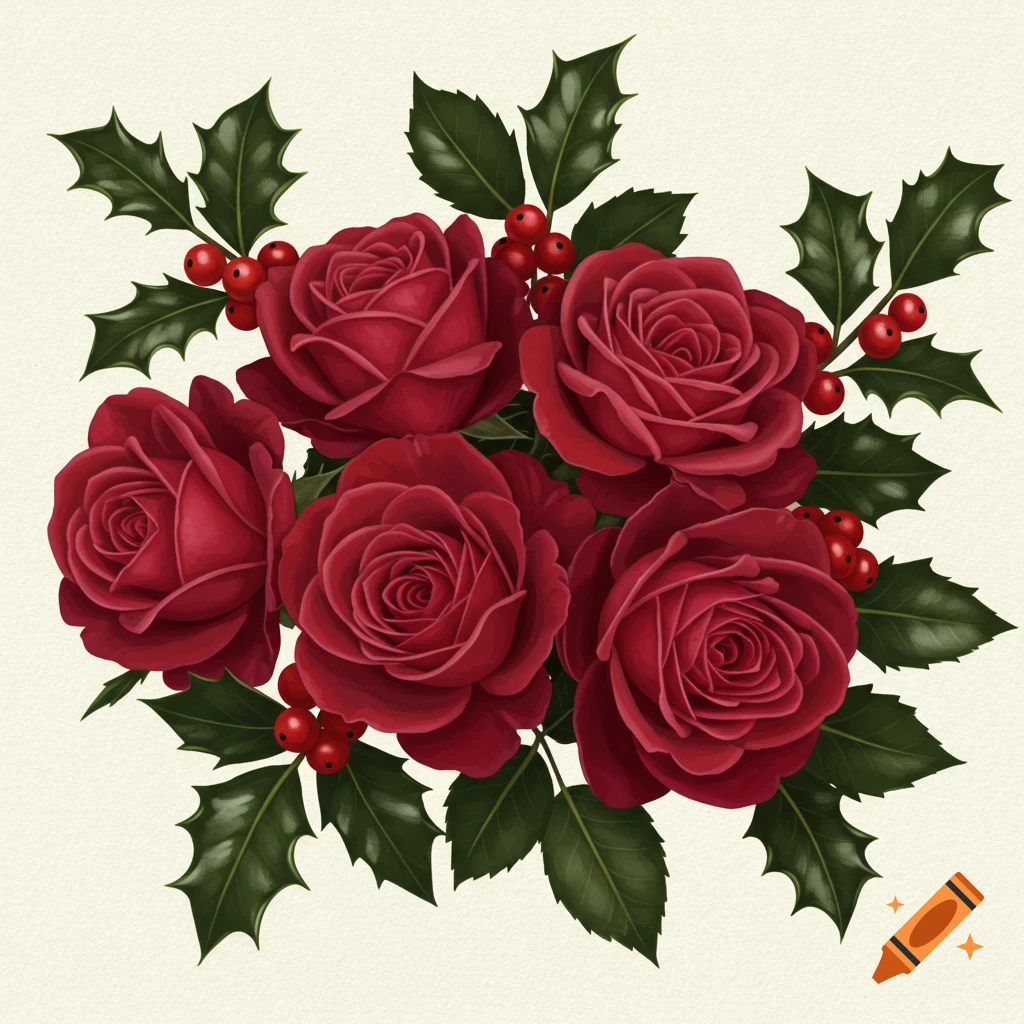 A red roses and green holly with red berries.
