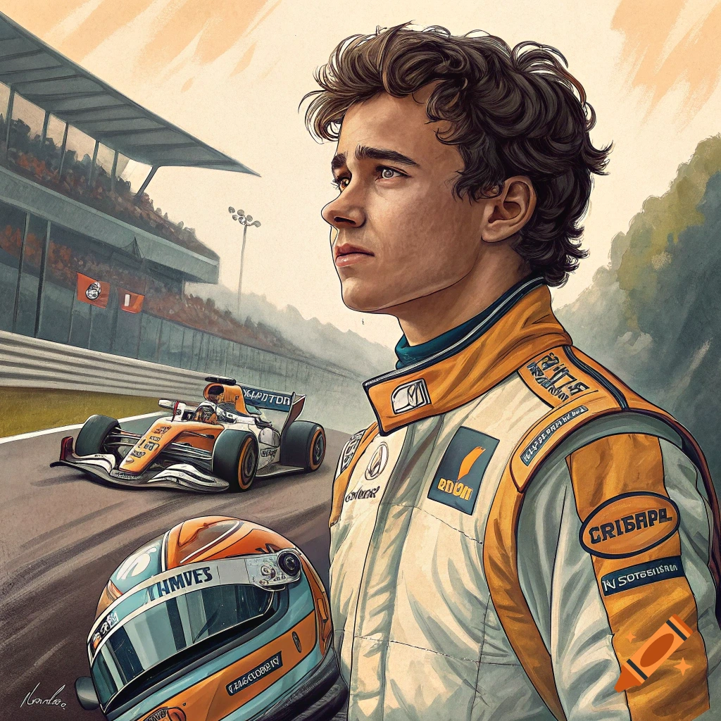 Stylized portrait of a race car driver, likely Lando Norris, in an orange and white suit with a race car and track in the background.