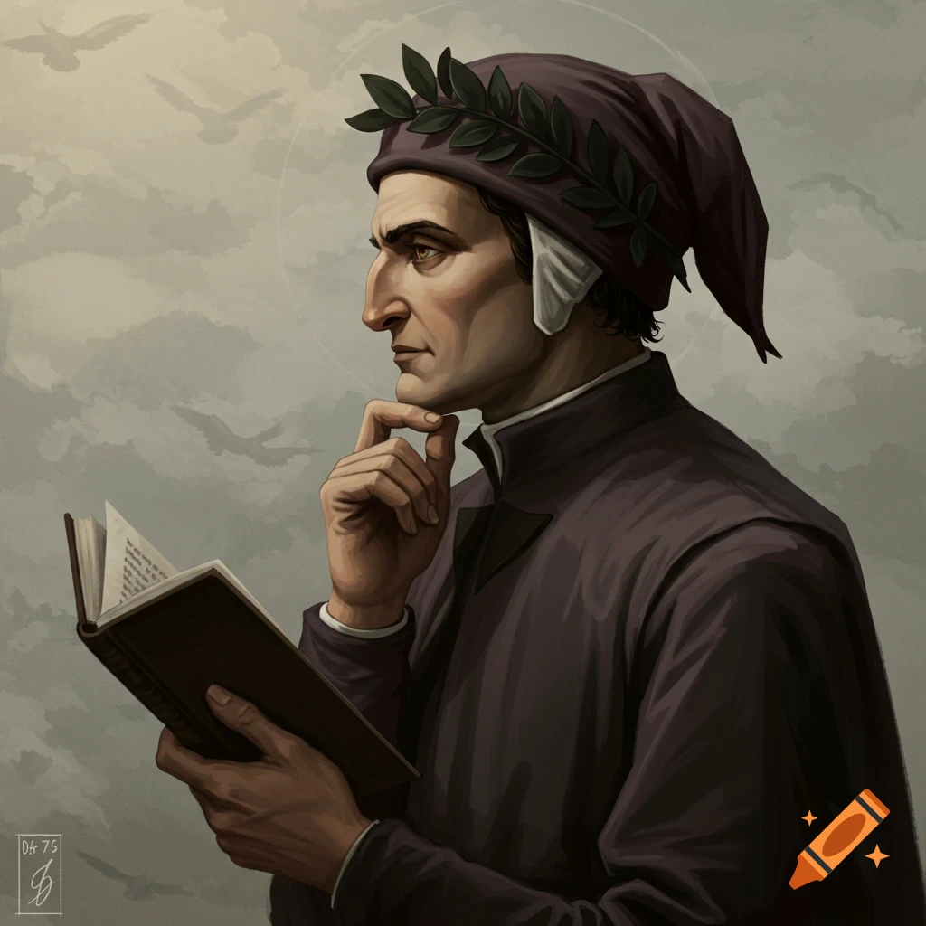 Dante holding a book and resting his chin on his hand, with birds in the background.