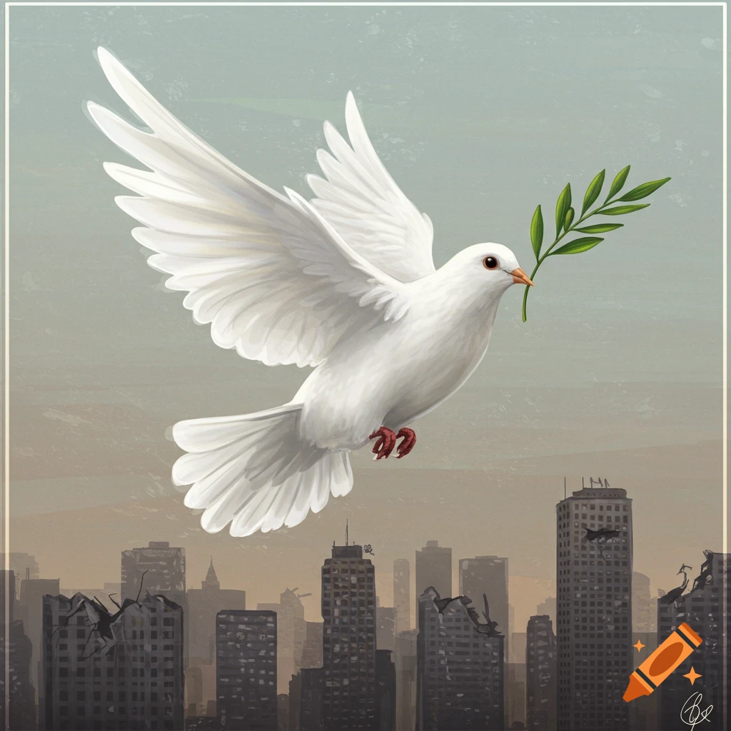 A white dove with an olive branch flying over a destroyed city.