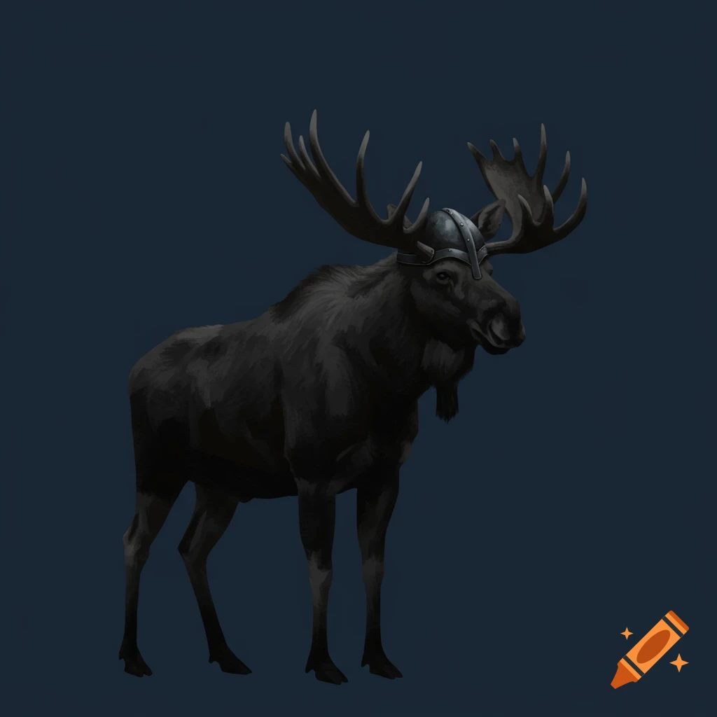 A black moose wearing a Viking helmet against a dark background.