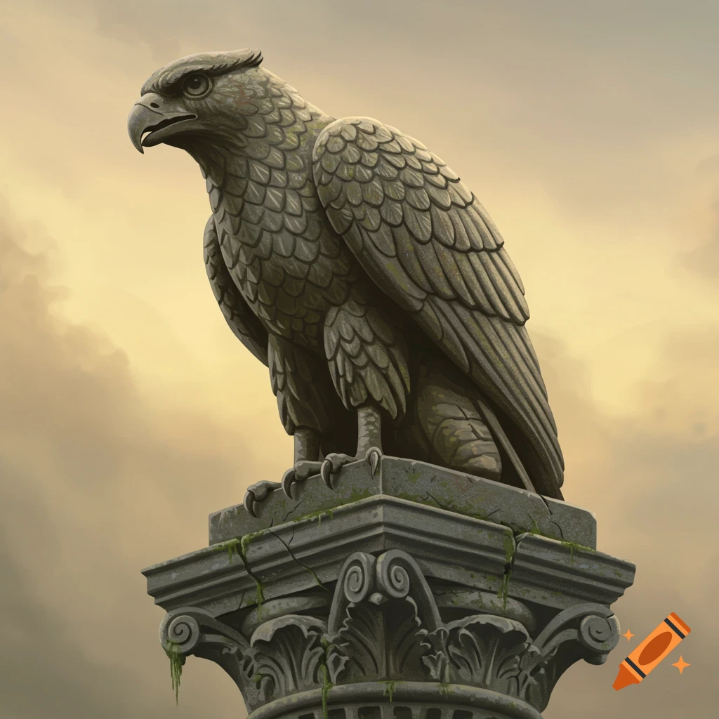A stone statue of a hawk sits atop a stone column against a cloudy sky.