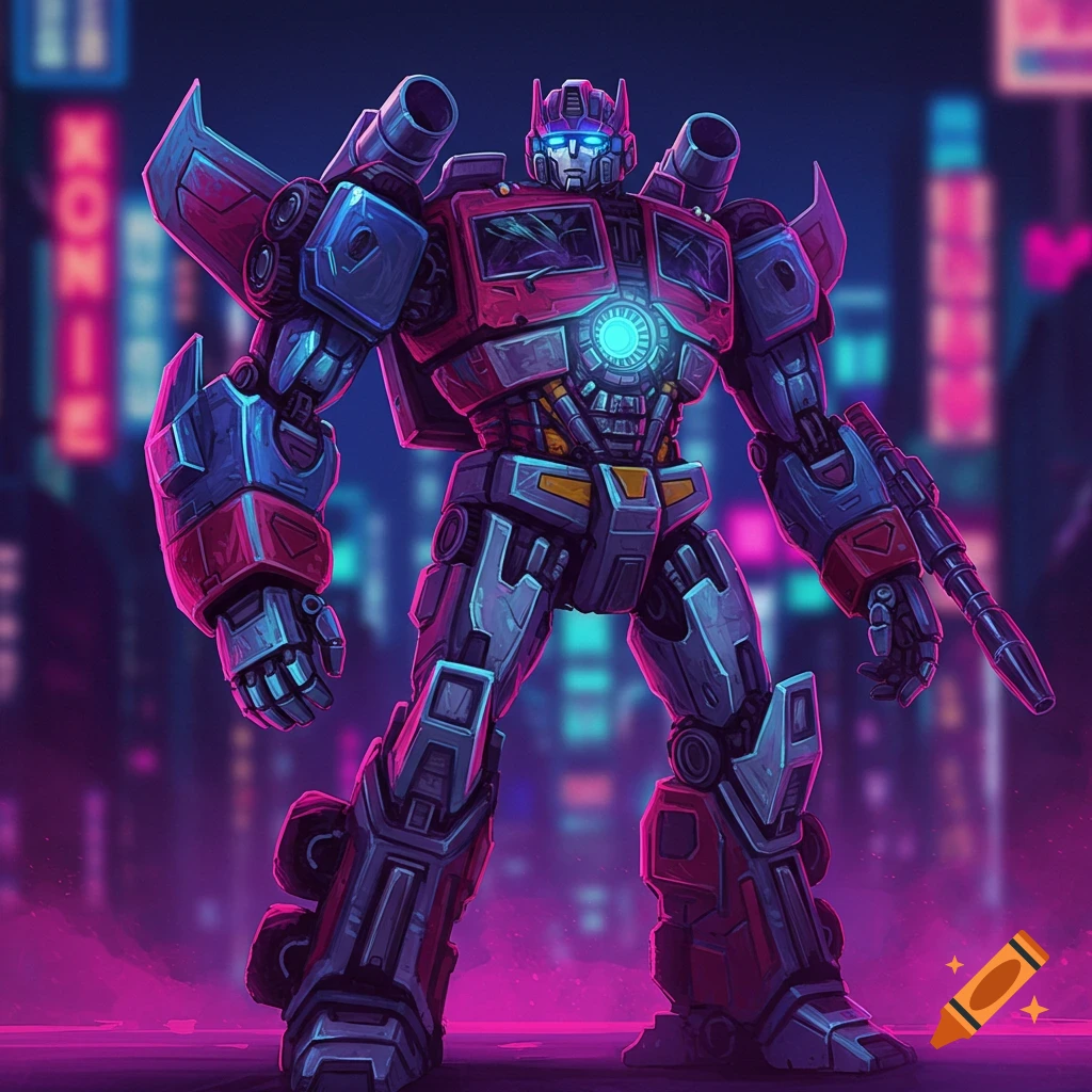 A red and blue robot is standing in a neon-lit city.