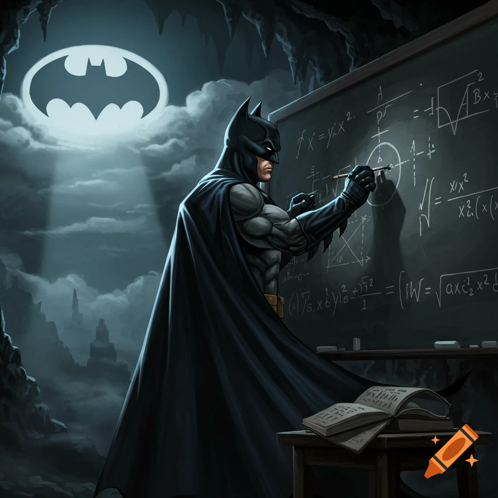 Batman writing math equations on a chalkboard in the Batcave