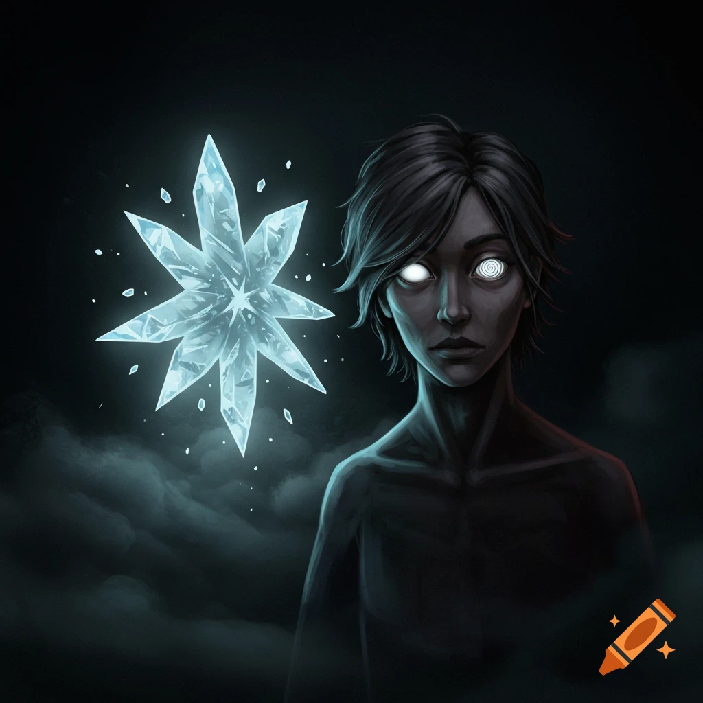 A figure with glowing eyes and a spiraling eye stands in darkness next to a glowing crystal star.