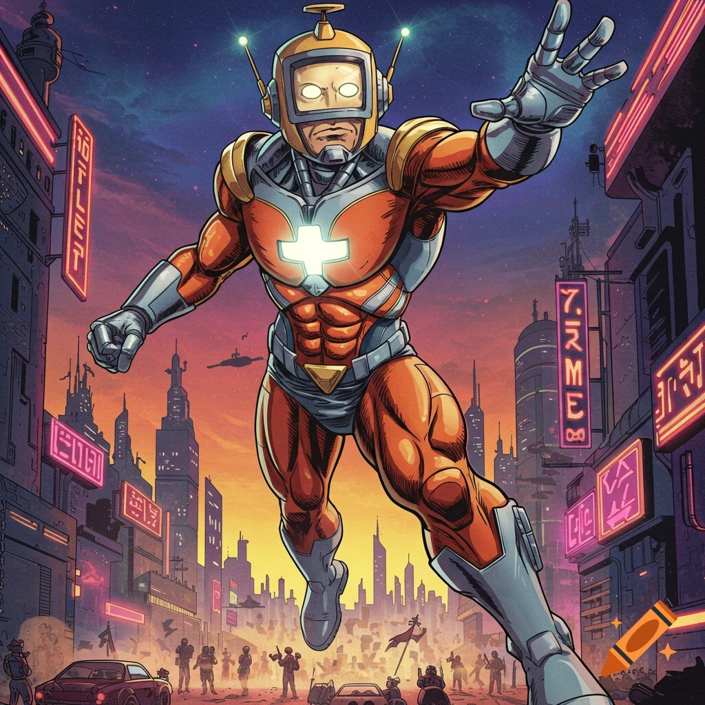 A superhero with a TV screen face flies through a futuristic city at sunset in comic art style.