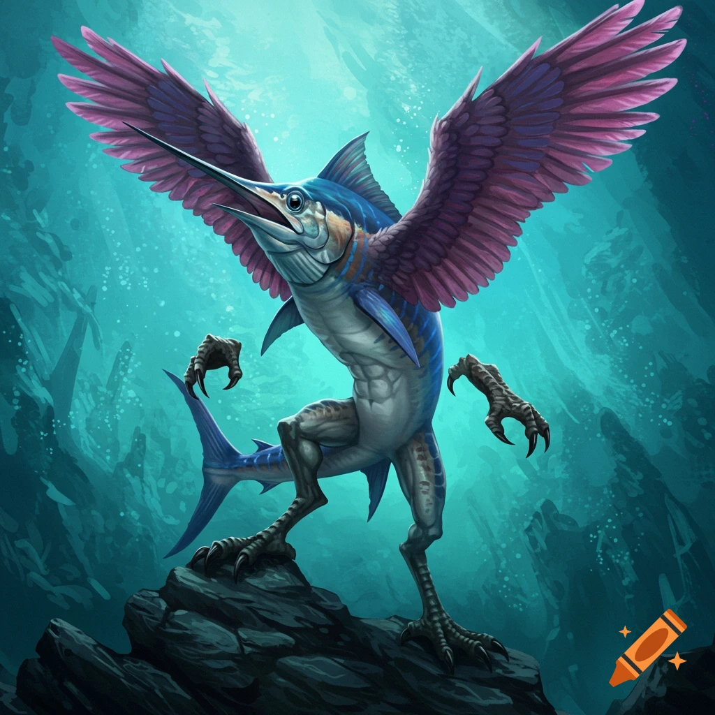 A swordfish with wings and legs standing on a rock underwater.