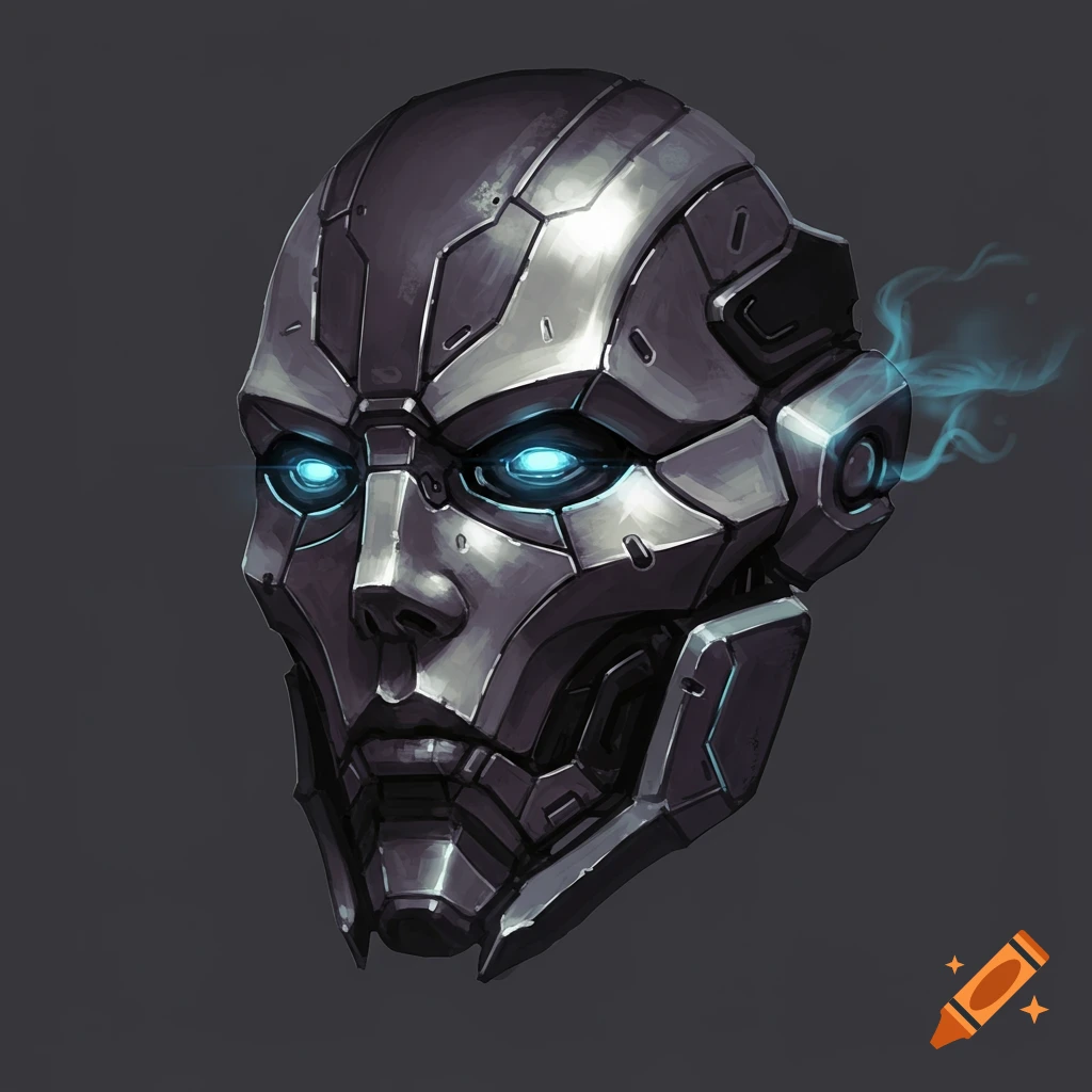 A metallic robot mask with glowing blue eyes.