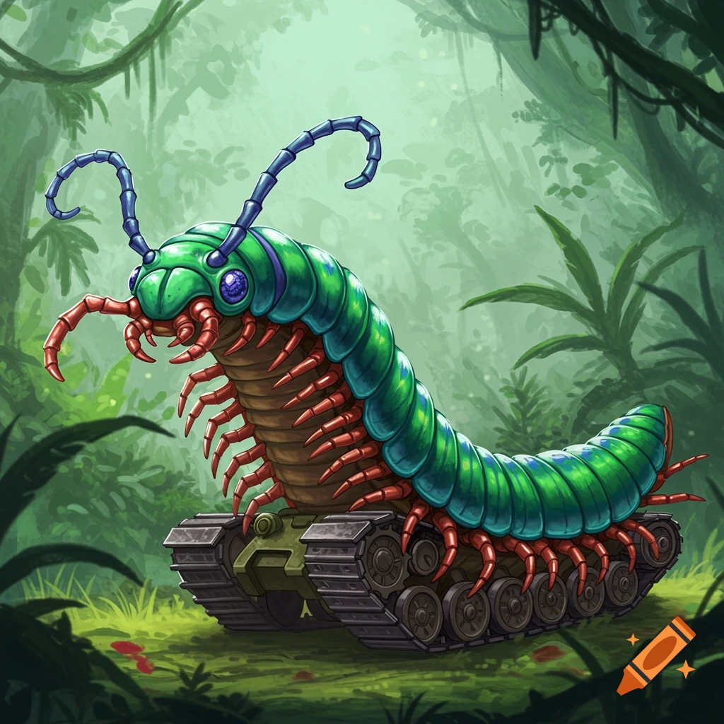 A green and blue millipede creature with tank treads for legs, standing in a jungle.