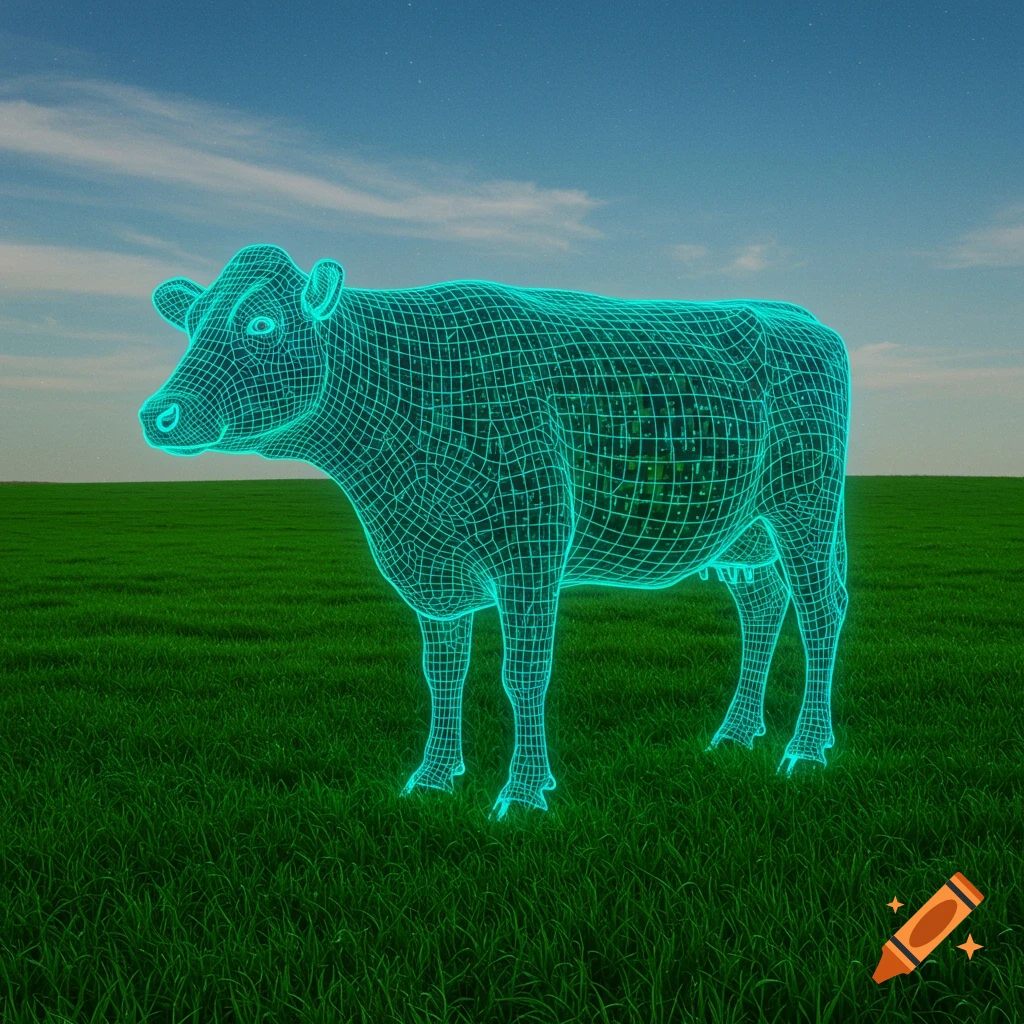 A glowing turquoise wireframe cow stands in a green field under a blue sky with stars.